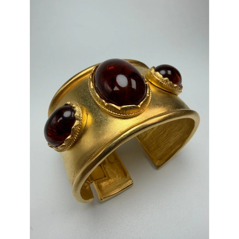 Vintage KJL Kenneth Jay Lane Wide Gold Tone Cuff Bracelet Amber Cabochon #1205